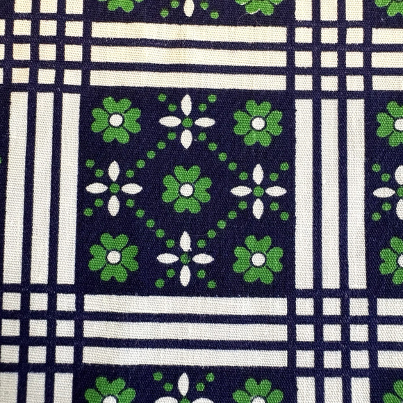 Fabric Navy Blue Green Flowers Check Mod Schwartz Liebman Textiles Vintage Retro - Picture 2 of 8
